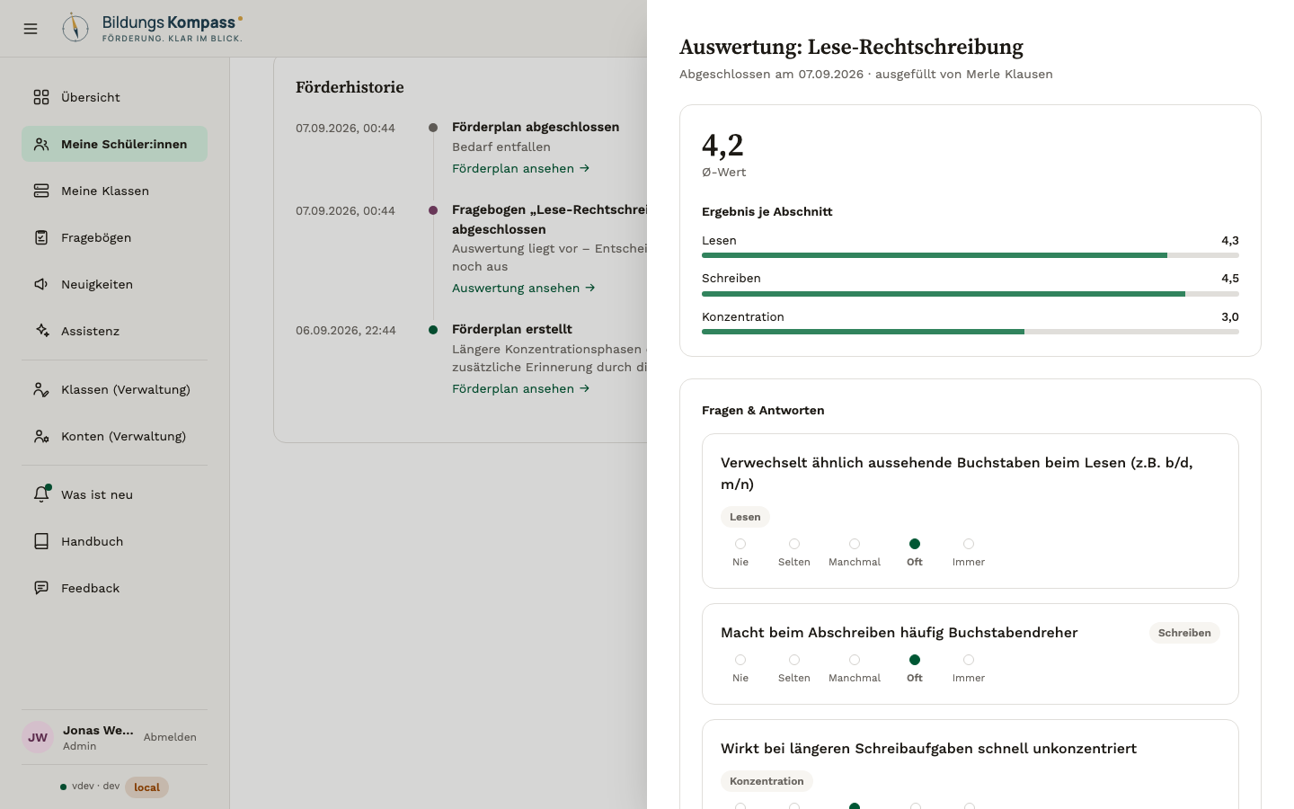 Auswertung einer abgeschlossenen Fragebogen-Ausfüllung mit Gesamtwert und Werten je Bereich