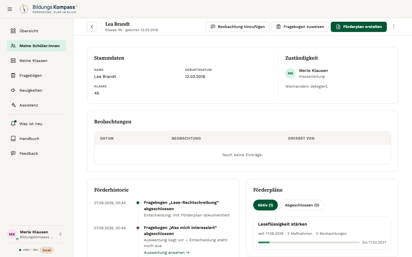 Chronologische Förderhistorie eines Kindes mit Ausfüllungen und Förderplänen